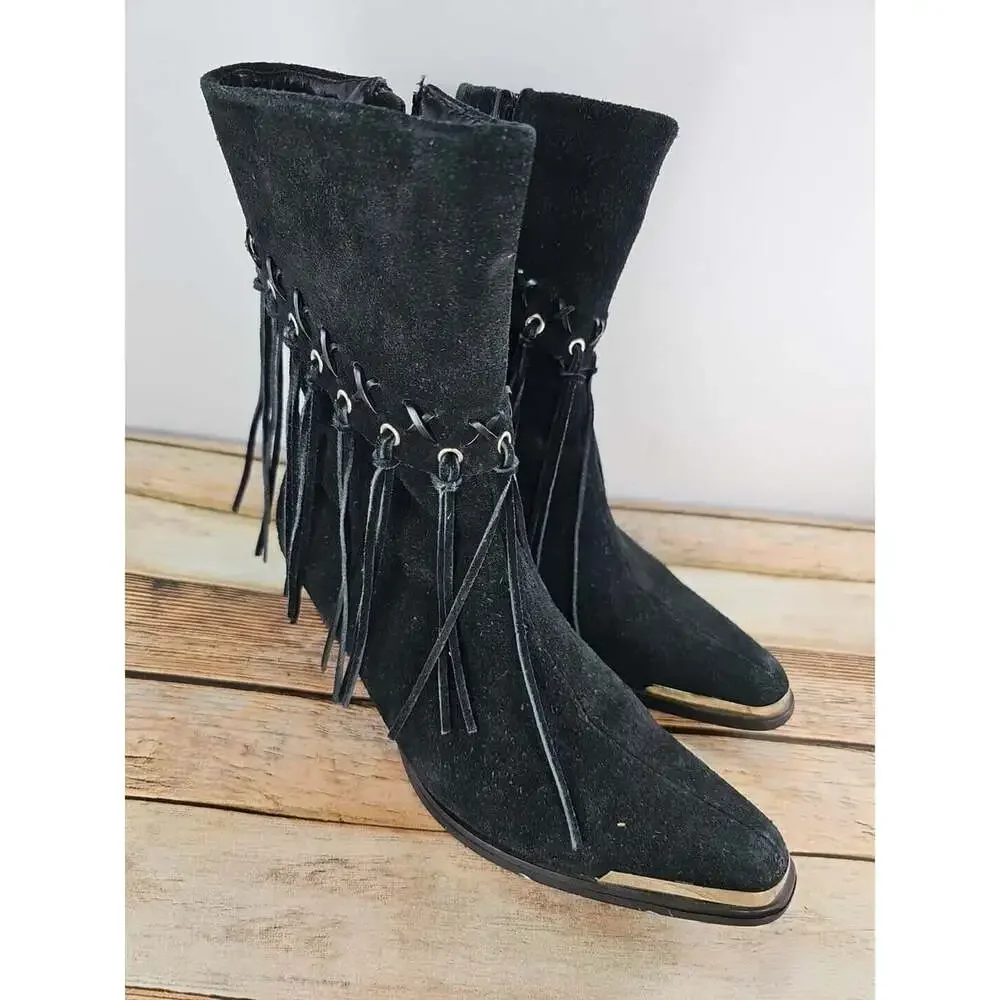 HOT- Oak Tree Farms Blk Suede Fringe Cowgirl Boots sz 8 Side Zipper